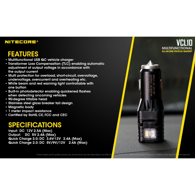 Nitecore VCL10 Quick Car Charger 3.0 with White & Red Flashlight